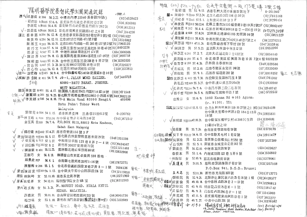 陽明醫學院基督徒學生團契通訊錄